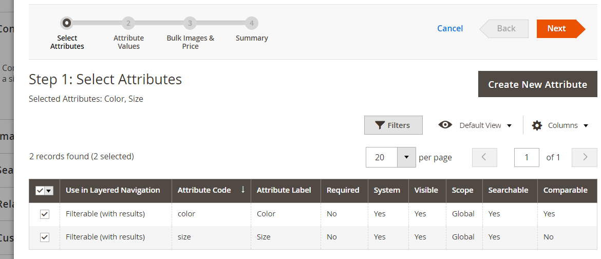Select Configurable Attributes for you parent product in the Magento 2 admin as a part of a step-by-step creation process for a Magento 2 configurable product