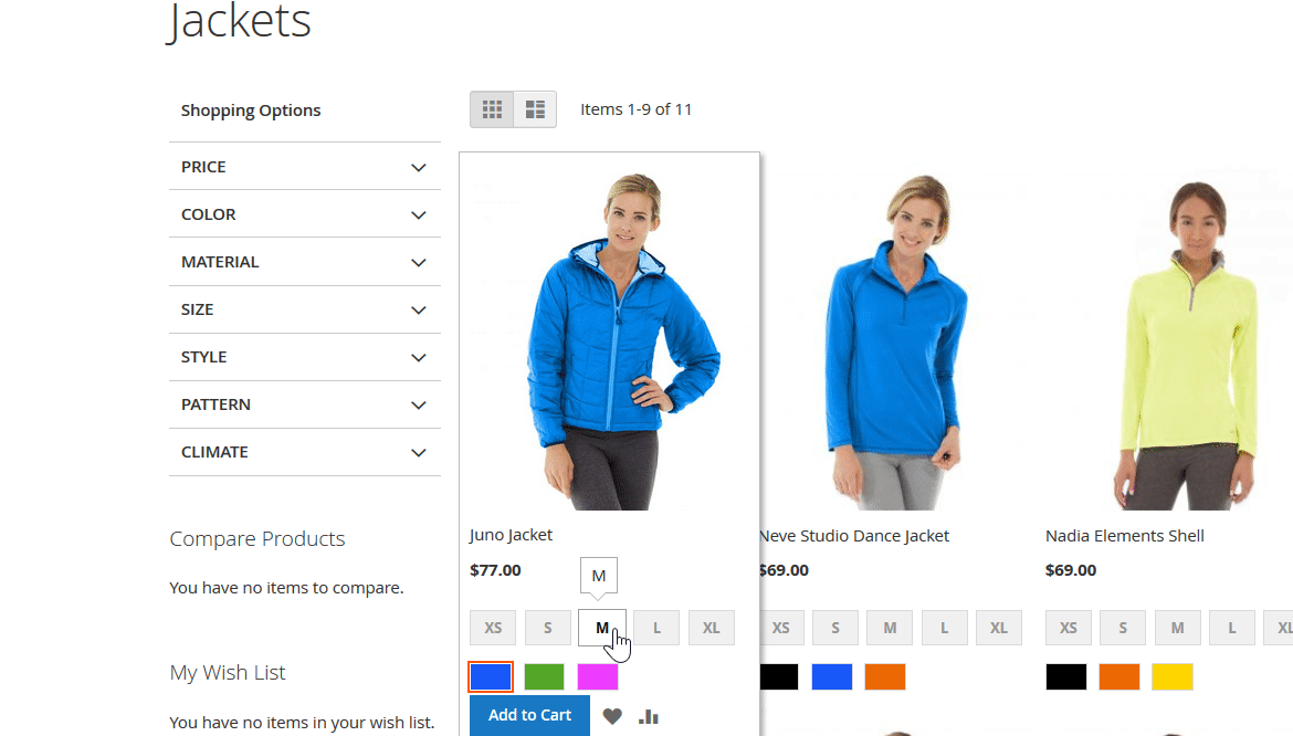 gif image showing Configurable Product on the Magento 2 Catalog Page: color swatch selection changes the product image