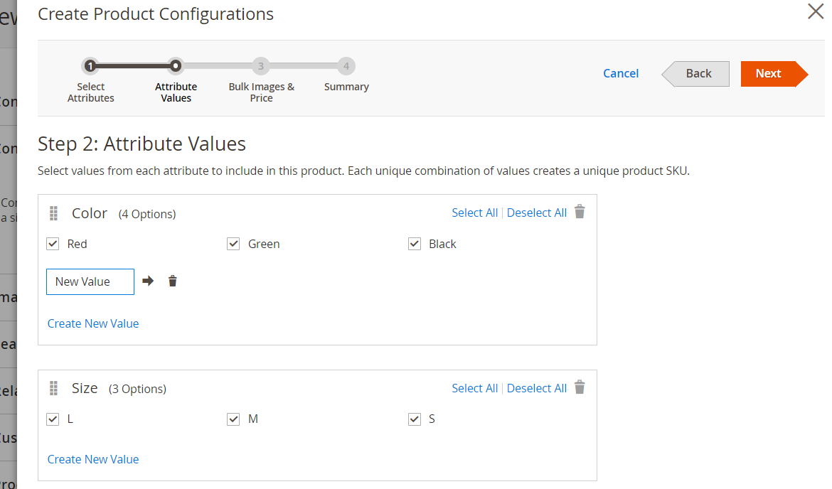 a screenshot showing how to define attribute values for a configurable product in Magento 2