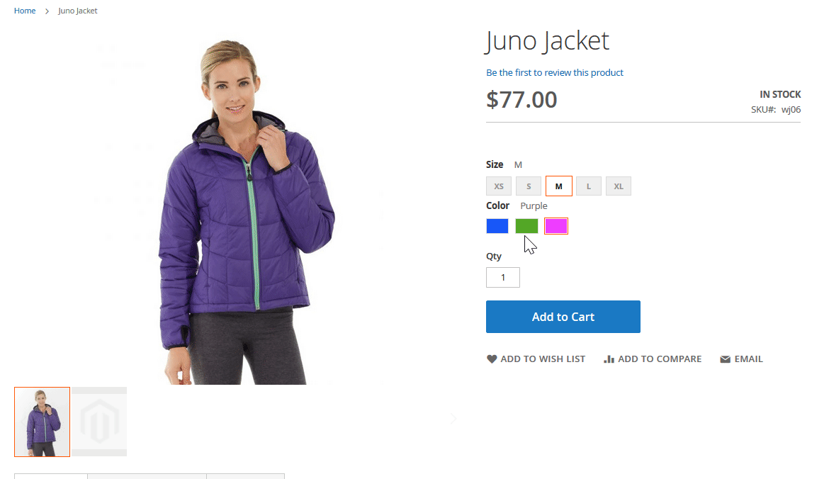 Configurable Product on the Magento 2 product Page: color swatch selection changes the product image
