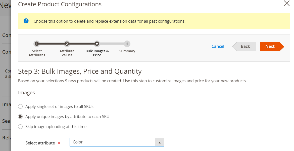 screenshot showing how to Assign Images, Prices, and Quantity in bulk for a configurable product in Magento 2