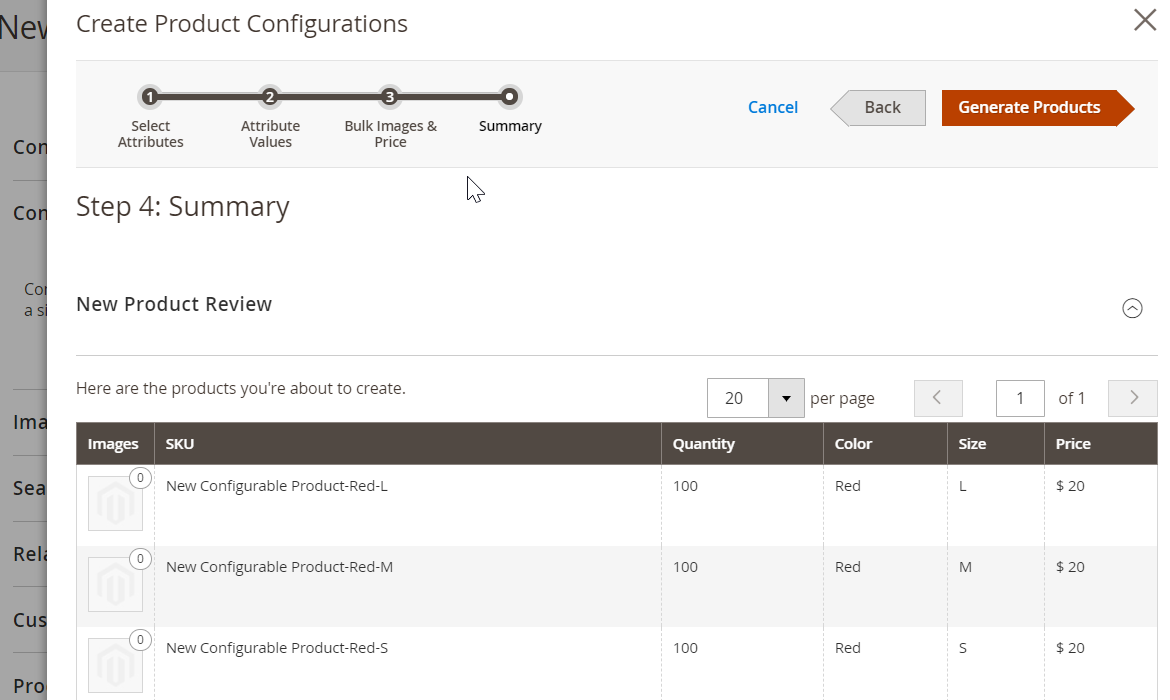 a summary of adding product variations to a parent configurable product in the Magento 2 admin