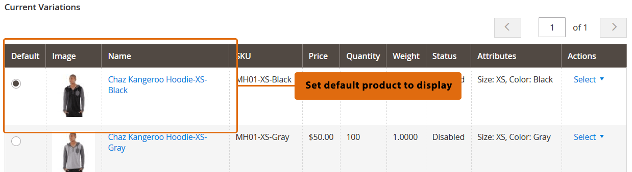 sxreenshot showing how to set a default display option for a configurable product in Magento 2 with the ICP (improved configurable product) extension by Firebear