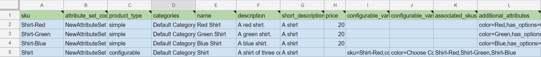 a standard CSV for a Magento 2 configurable product import