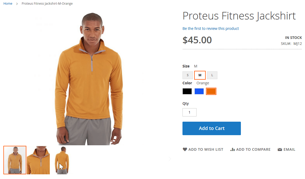 a gif image showing how a Magento 2 configurable product works on a product page: the selection of each new color swatch leads to the change of a product image