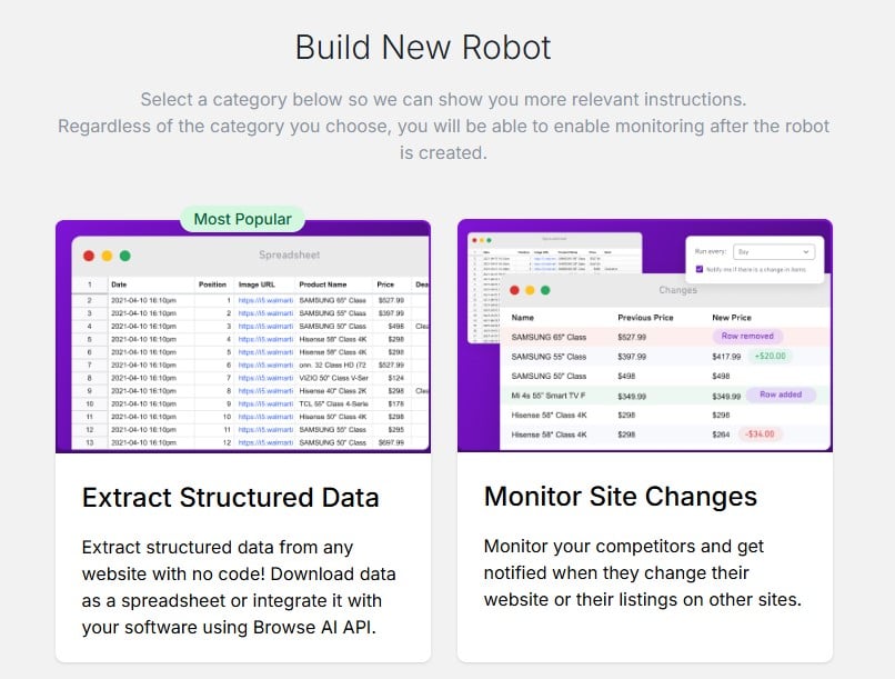 screenshot of Browse AI dasboard where you can choose between extracting structured data and monitoring site changes
