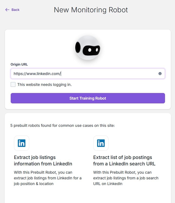 screenshot of Browse AI monitoring robot for linkedin with prebuilt templates