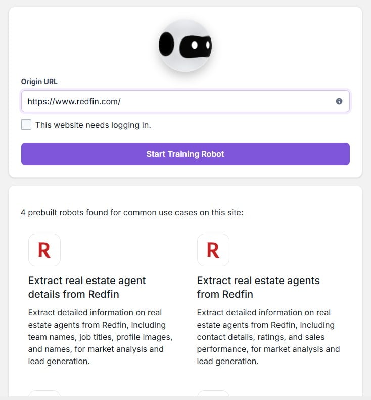screenshot of Browse AI monitoring robot for redfin with prebuilt templates