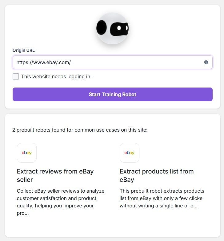 screenshot of Browse AI monitoring robot for ebay with prebuilt templates