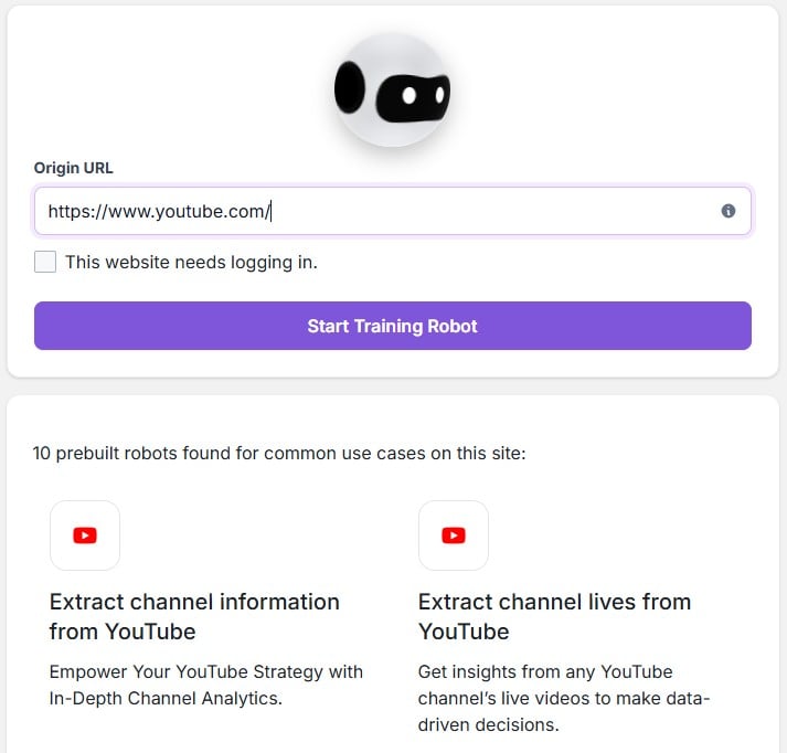 screenshot of Browse AI monitoring robot for YouTube with prebuilt templates