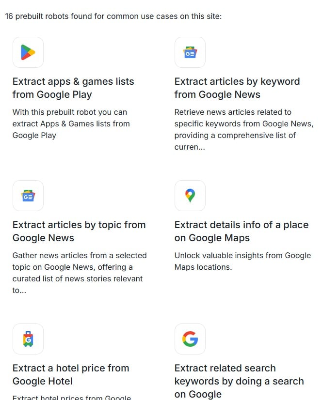 screenshot of prebuilt robots for extracting data from Google with Browse AI