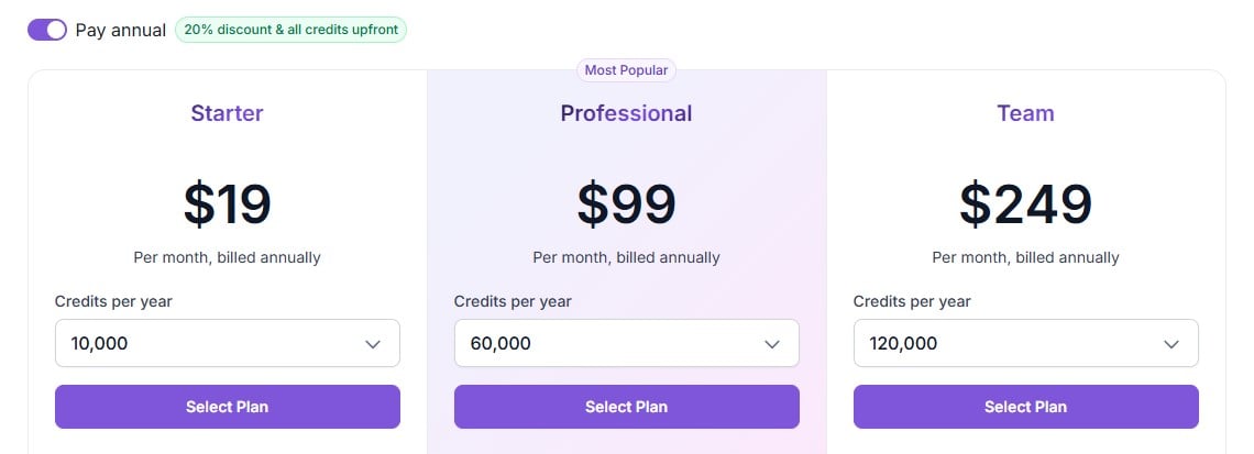 screenshot of Browse AI pricing plans