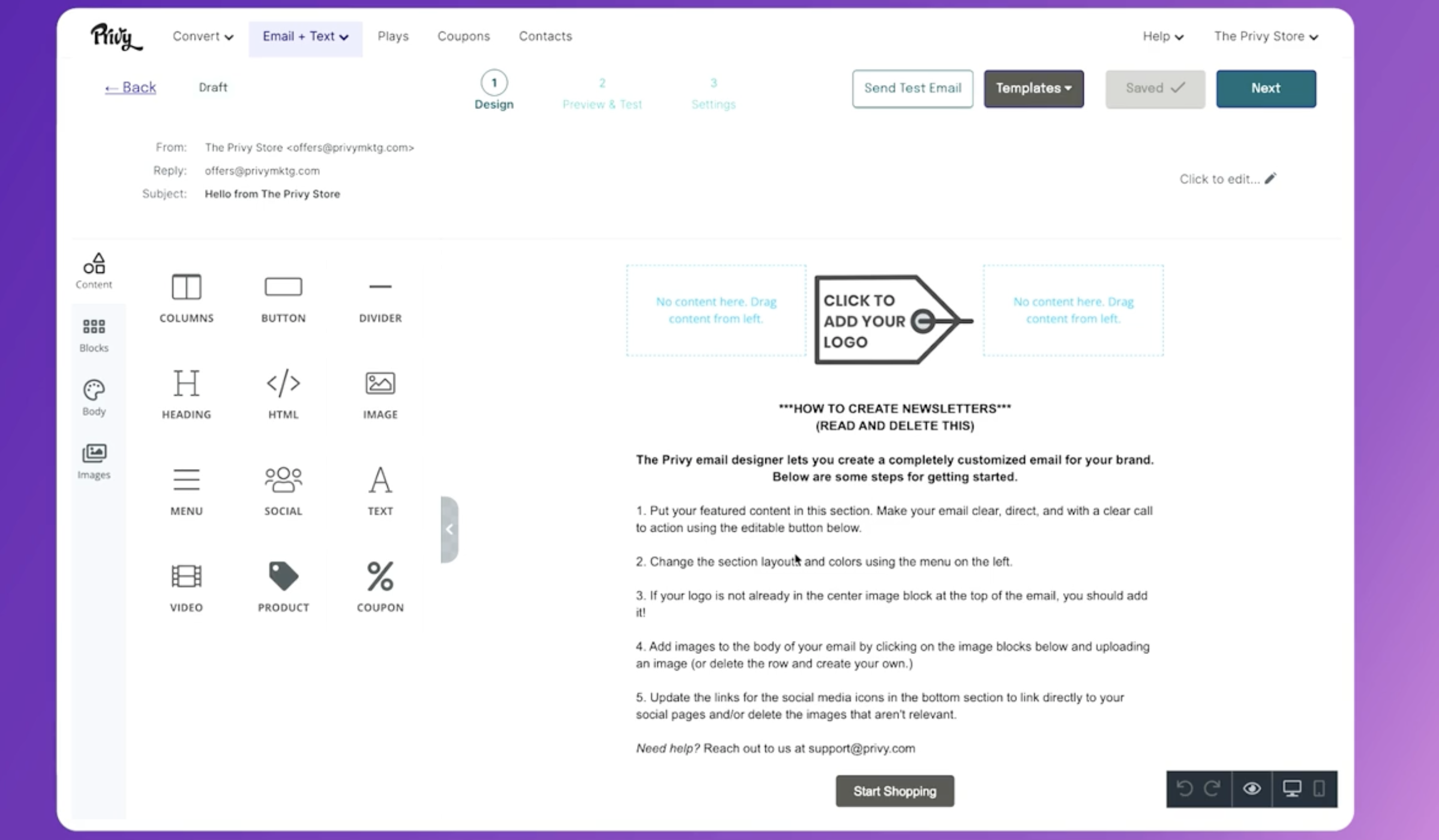 Screenshot of Privy Email Newsletter configuration