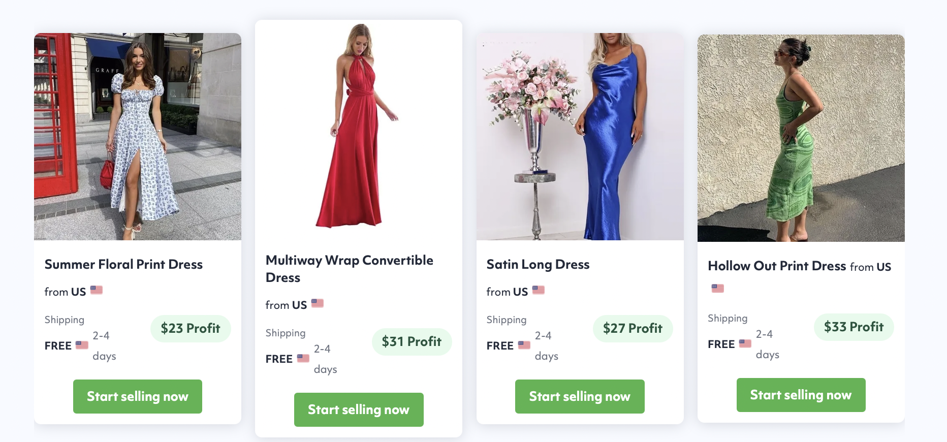 screenshot of different products that you can dropship with Spocket: summer floral print dress, satin long dress, etc.