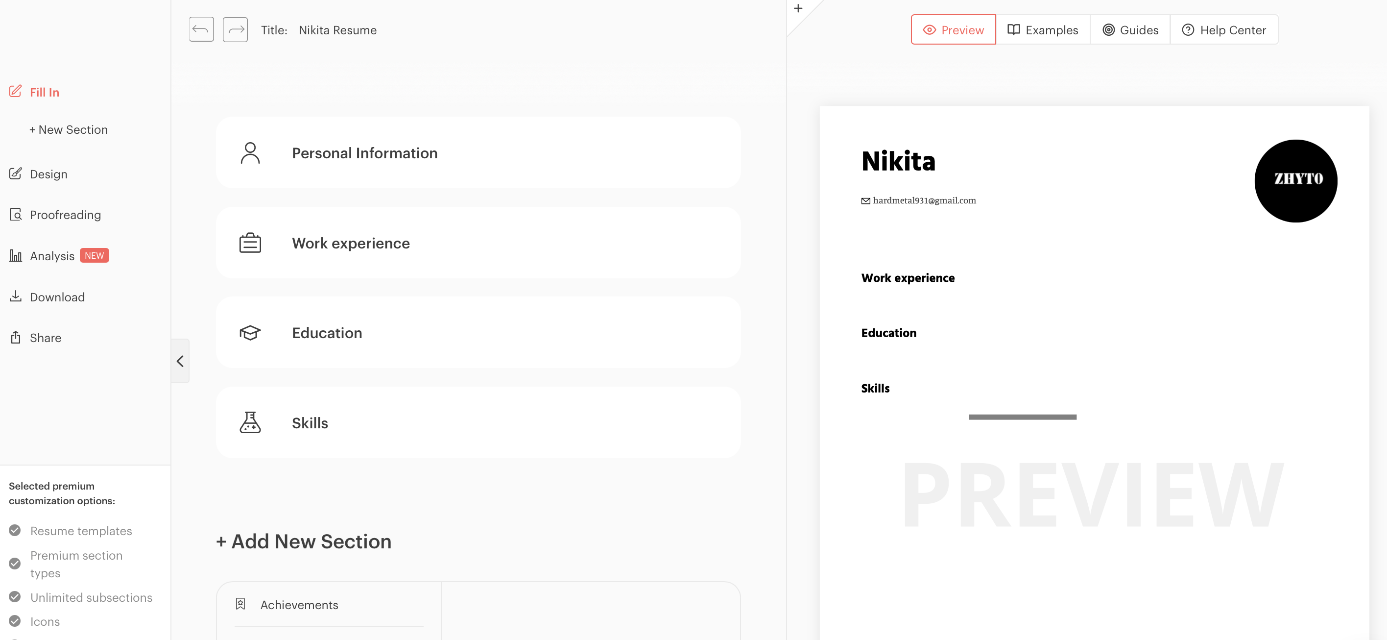 screenshot of Kickresume Resume Builder's central page with sections, AI instruments, and preview