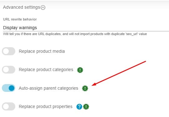 the Auto-assign parent categories feature enabled in a new import profile of the Improved Import, Export & Mass Actions app