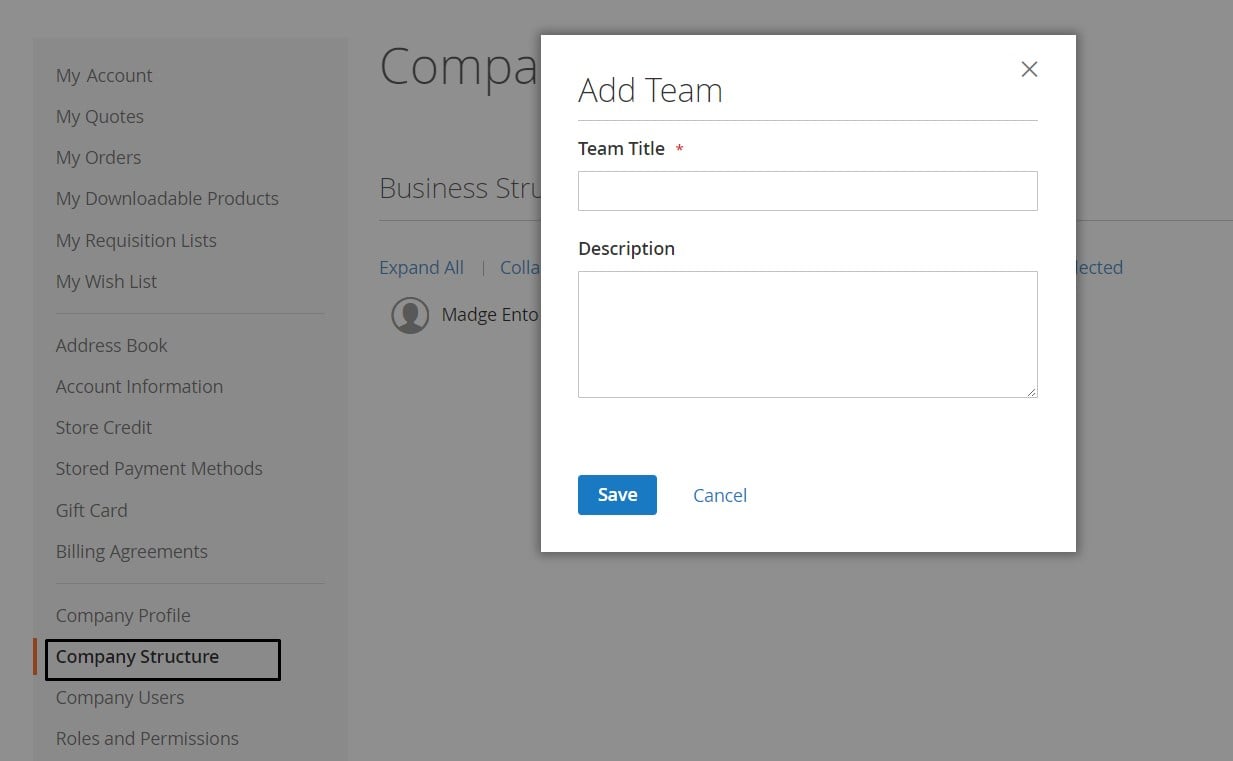 add team to magento 2 b2b company structure