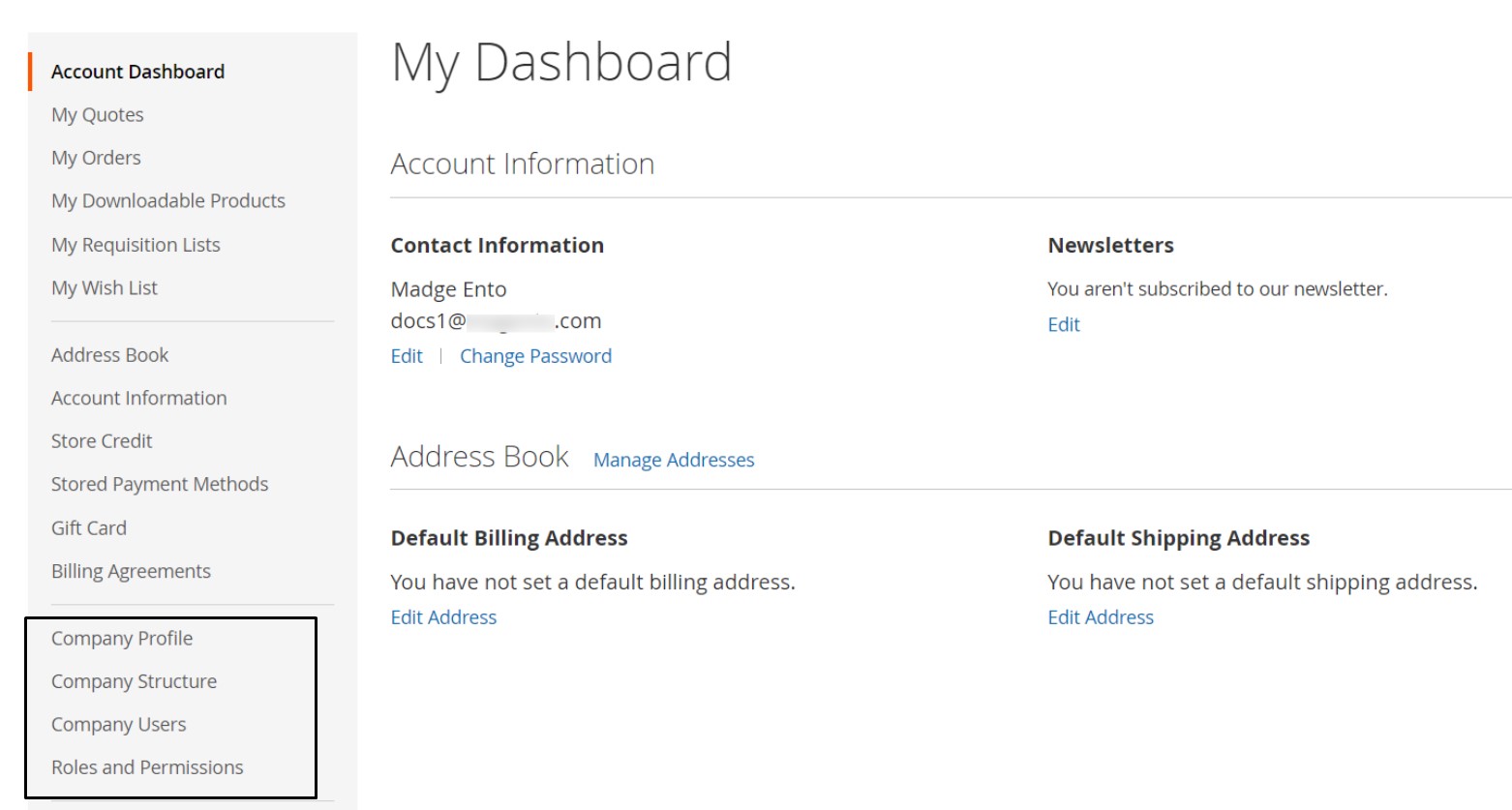 magento 2 b2b company customer dashboard
