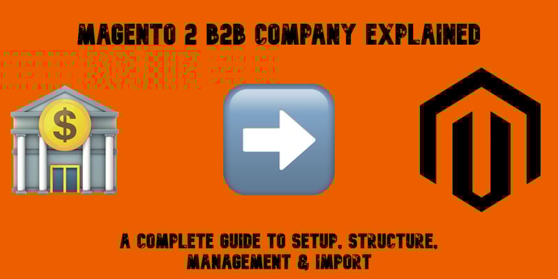 Illustrative image for the Magento 2 B2B Company guide with emojis, magento logo, and text on orange background