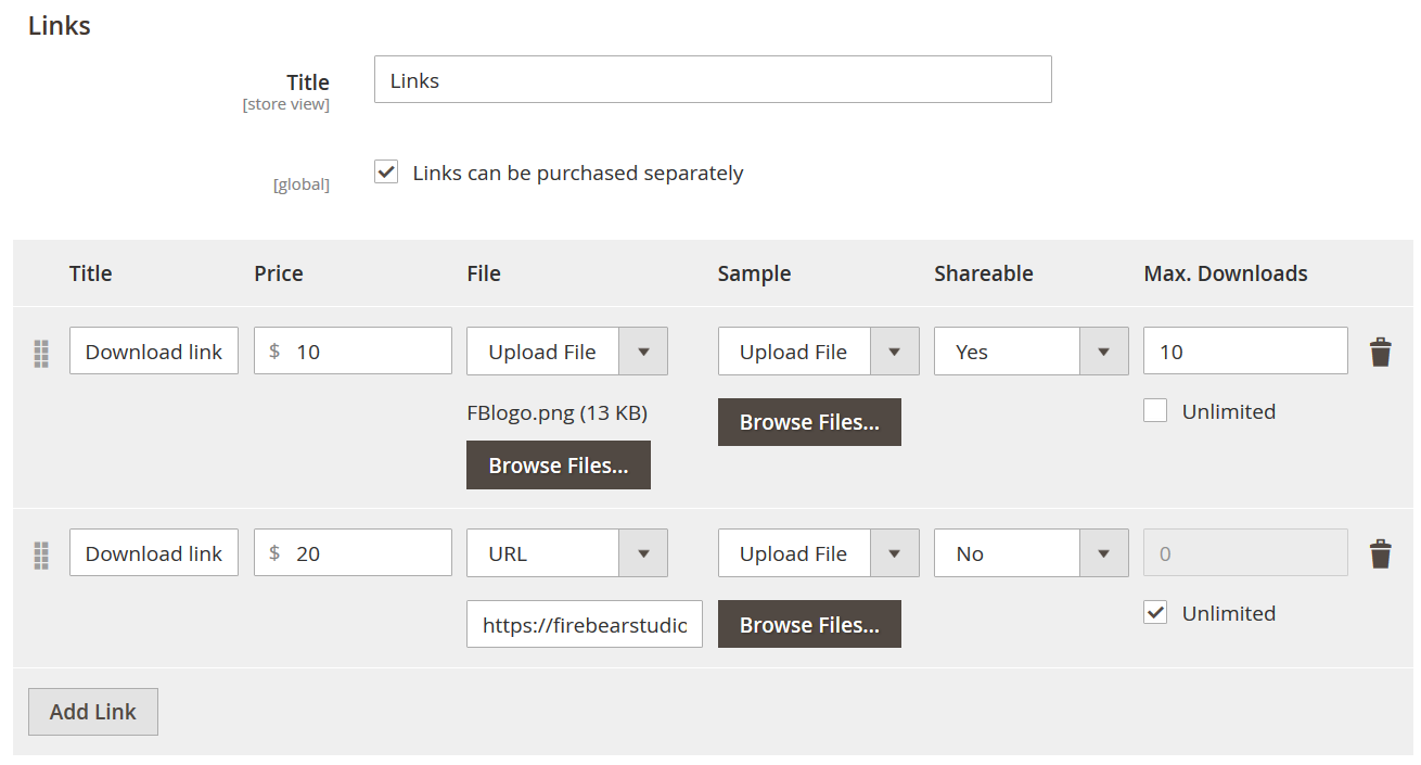 Magento 2 Downloadable Product links configuration in the admin section