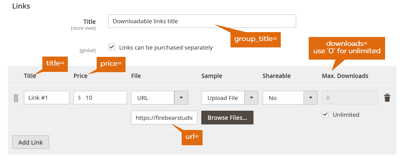 screenshot of a Downloadable Product in Magento 2 admin showing how downloadable links attribute values appear as admin configurations