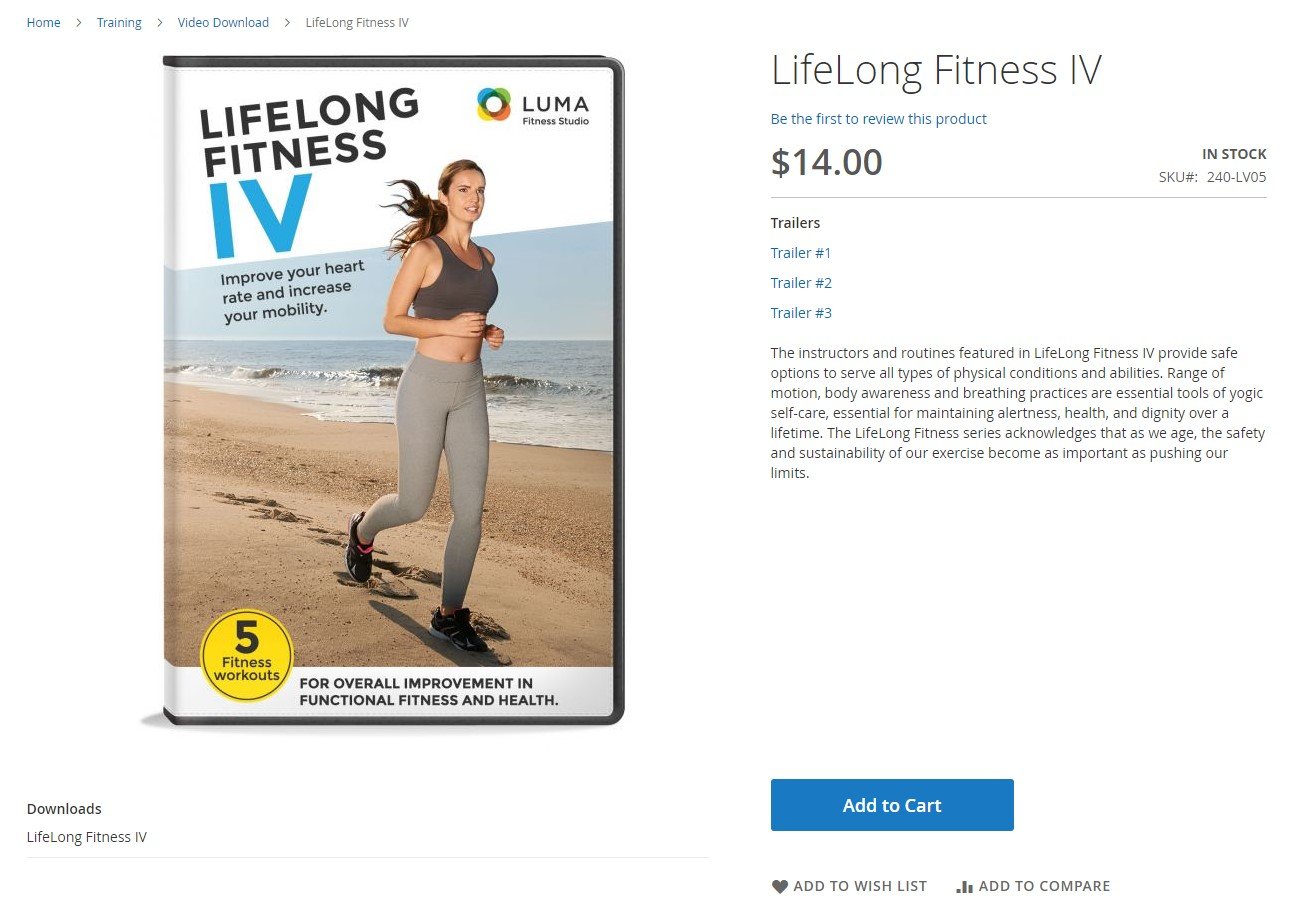 screenshot of a magento 2 downloadable product page with LifeLong Fitness IV - video instructions, routines, and exercises 