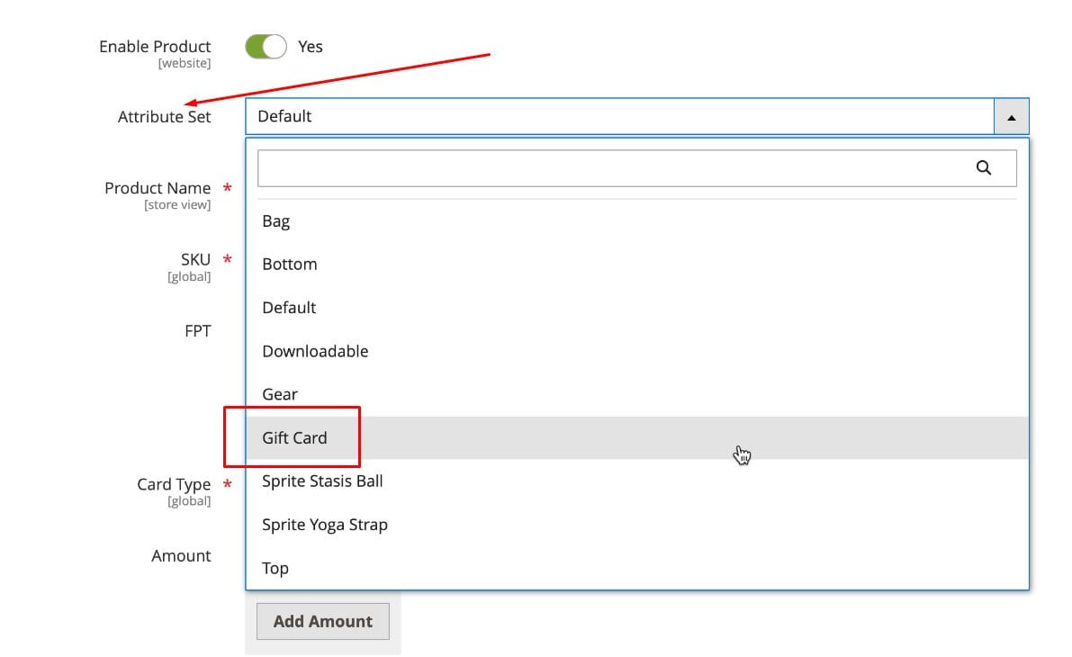 create magento 2 gift card product: choose attribute set