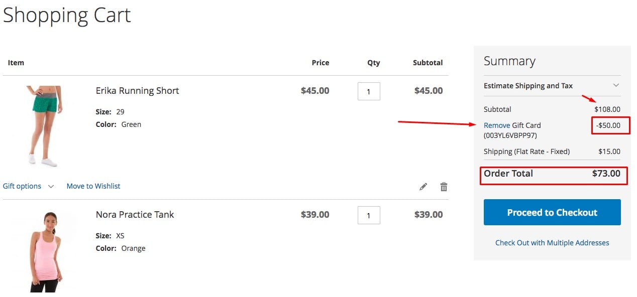 magento 2 gift card in a shopping cart