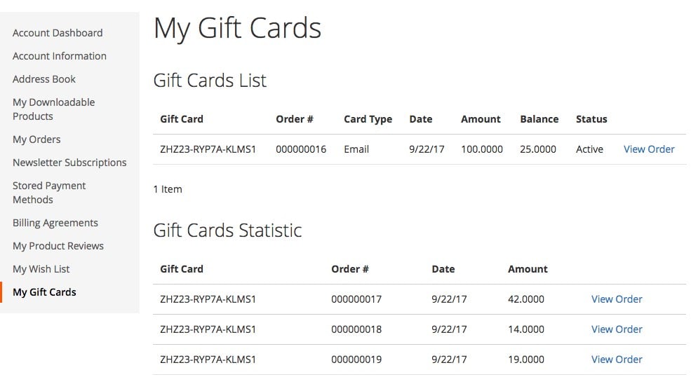magento 2 gift cards in a customer dashboard