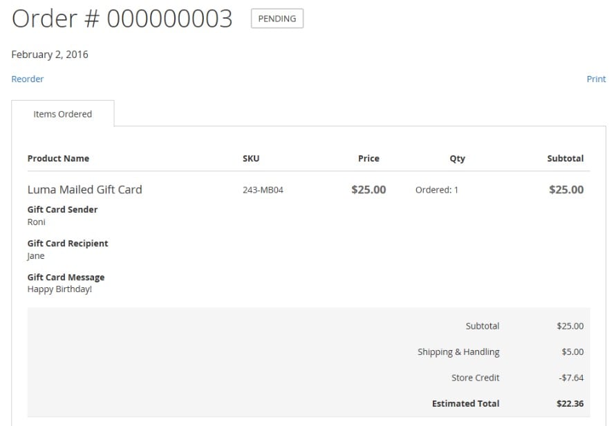 Magento 2 Gift Cards ordered