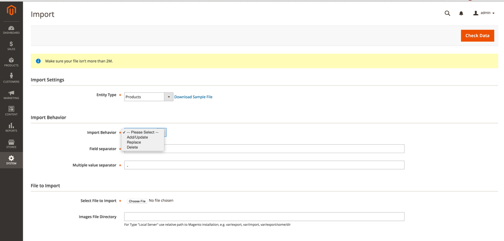 standard import of magento 2 gift cards in the admin
