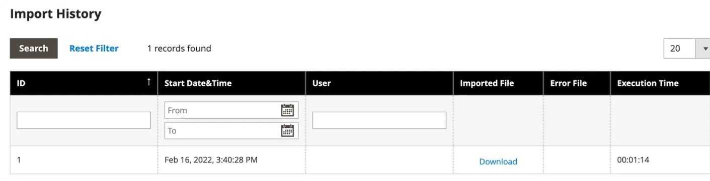 screenshot of the Magento import history section in the admin