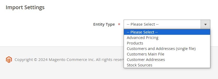 screenshot of entities supported in the Magento 2 import in the Import Settings Section of the default admin importer
