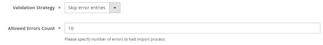 validation strategy and allowed error count for the default Magento 2 import 