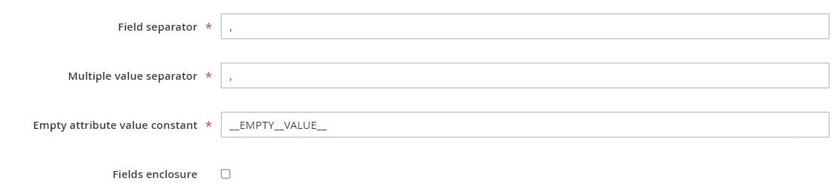 Screenshot of Magento 2 import fields: field separator, multiple value separator, empty attribute value constant, and field enclosure