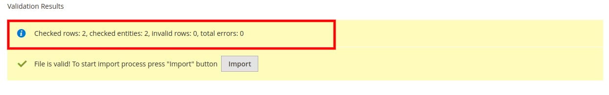 Magento 2 import: validation results with the number of checked rows, entities, invalid rows, and errors