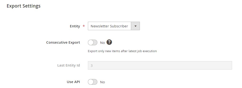 entity selection in Export settings of magento 2 export of newsletter subscribers with Improved Import & Export to integrate Magento 2 with CRM