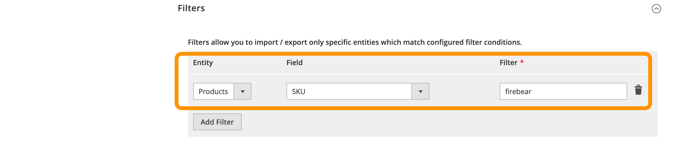 Screenshot showing how to filter products to export only products with specific SKUs with IIE to run more precise Magento CRM Integration