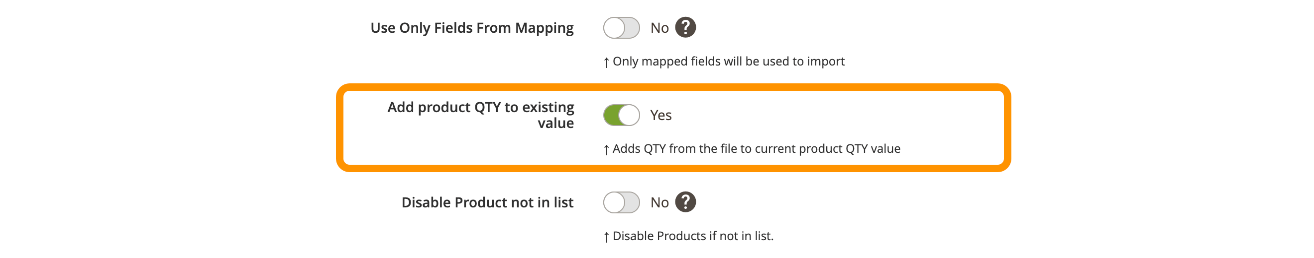 The selection of the product stock update strategy: add to existing stock or rewrite it with data from the file