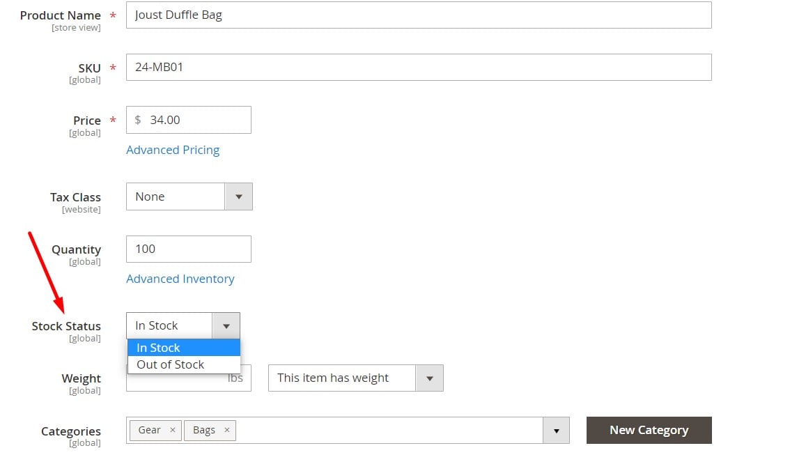 Magento 2 Stock Status dropdown in the admin