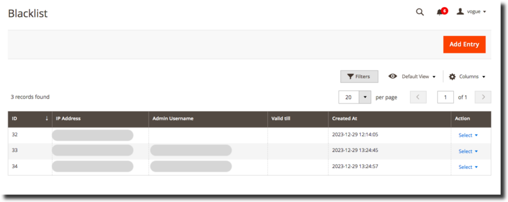 Magento 2 Advanced Admin Login Security: Blacklist Records
