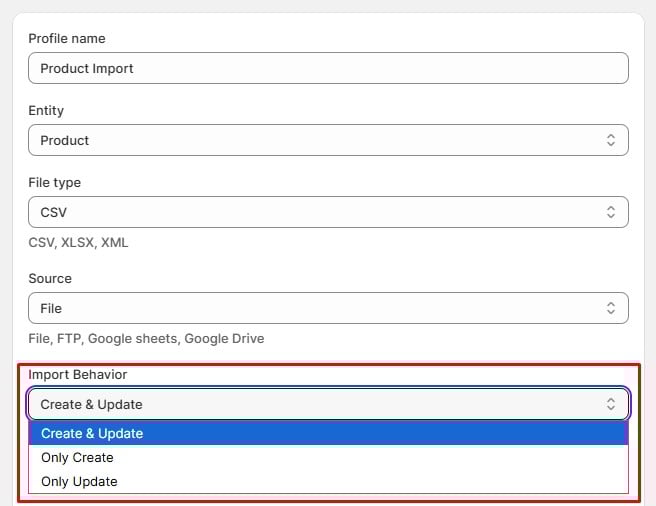 screenshot showing how to switch between different import behaviors in shopify: create new products, update the existing products, or do both actions simultaneously