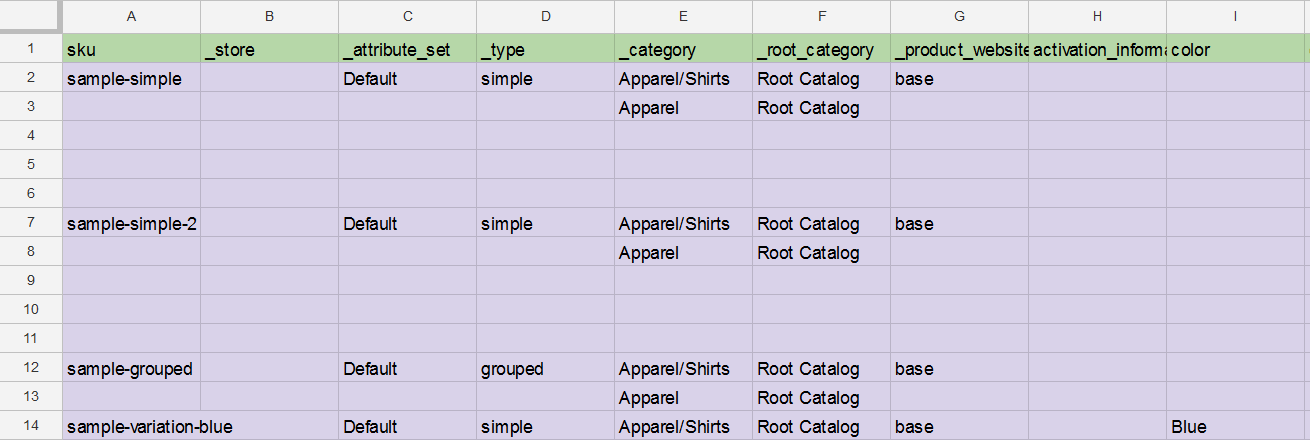 screenshot of a product CSV necessary to Export Products from Magento 1 to Magento 2