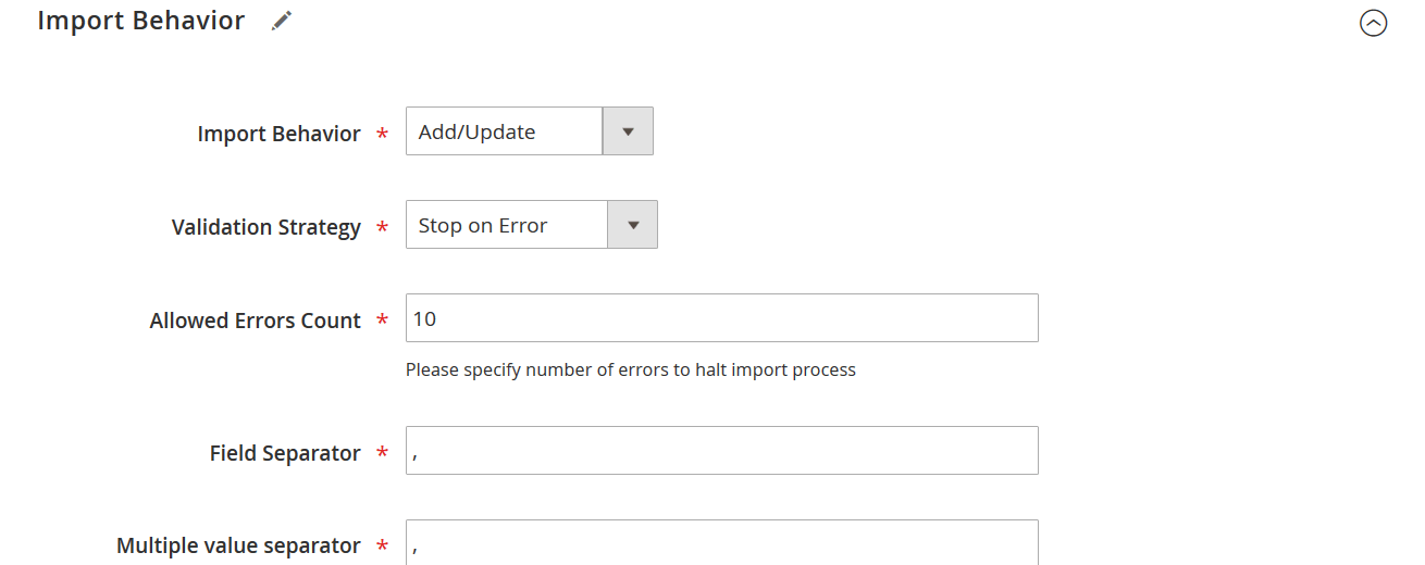 Screenshot of Export Products from Magento 1 to Magento 2 using Improved Import and Export Extension: product import behaviour