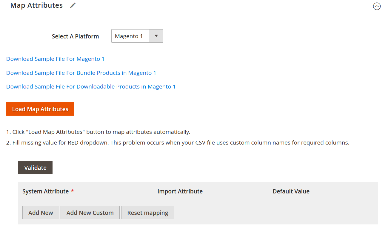 Screenshot of Export Products from Magento 1 to Magento 2 using Improved Import and Export Extension: product import mapping preset selection