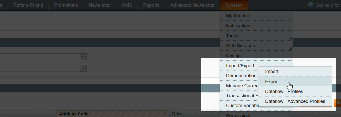 Export Products from Magento 1 to Magento 2: magento 1 export interface in the admin