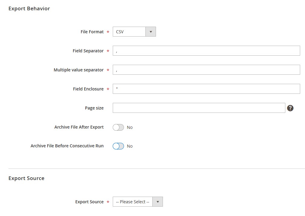 Magento ERP Integration: specify file format, source, and other parameters for export in Magento 2 with improved import & export