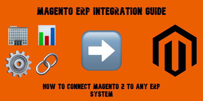 illustrative image for the Magento ERP Integration Guide with emojis, magento logo, and text on orange background