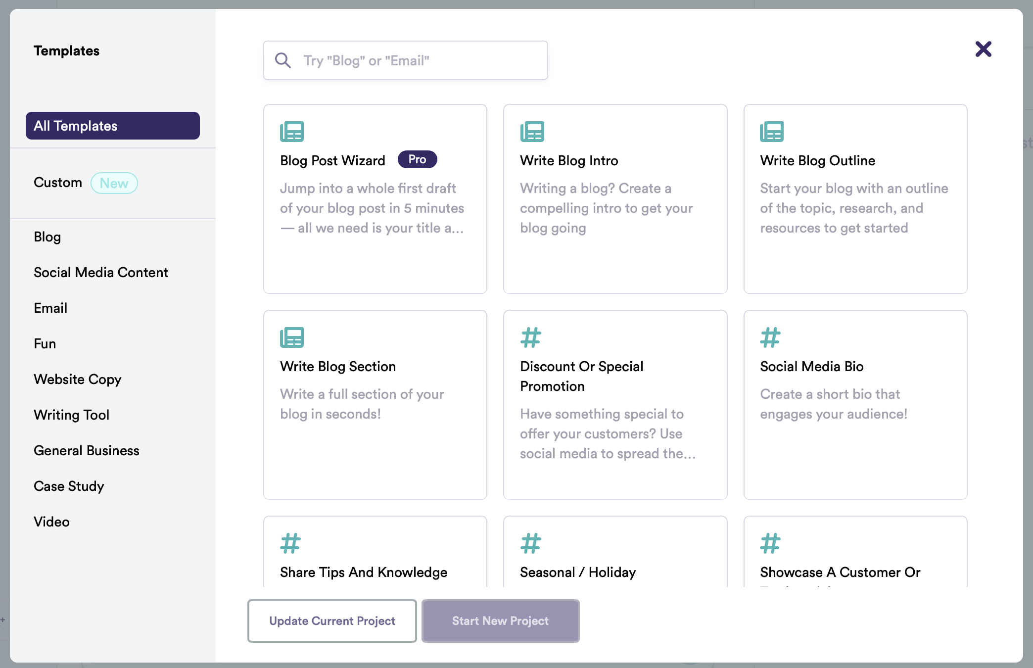 screenshot of Copy.ai showing AI Templates for Every Content Type