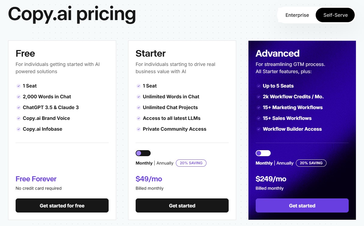 screenshot of CopyAI pricing plans